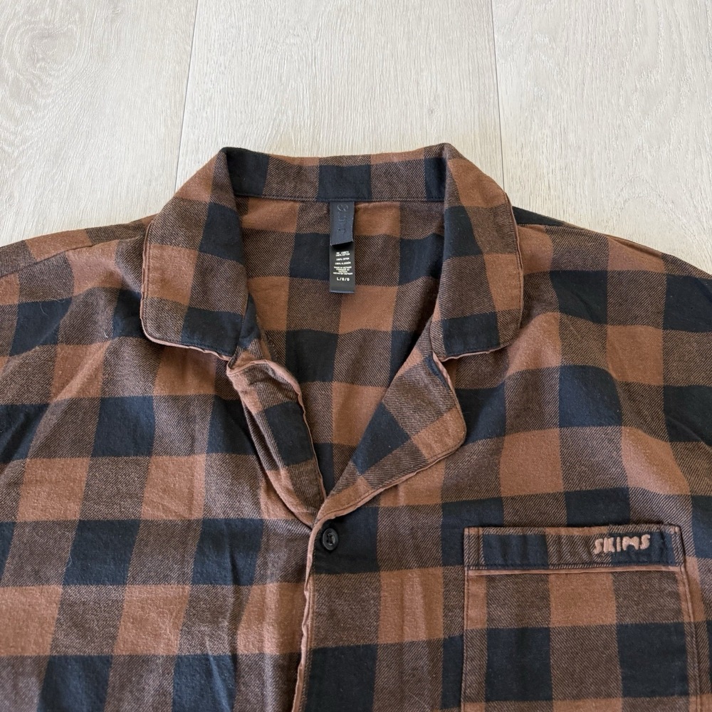 Skims Plaid Flannel Sleepwear Pajama Black/Brown Button Up Cotton Men's Size L